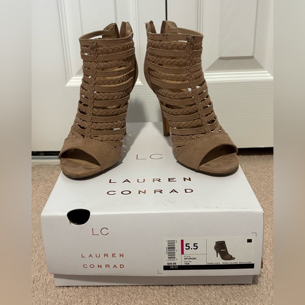 LC Lauren Conrad Tan Strappy Suede Heels